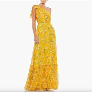 Mac Duggal Floral One Shoulder Bow Maxi Dress (Size 4)